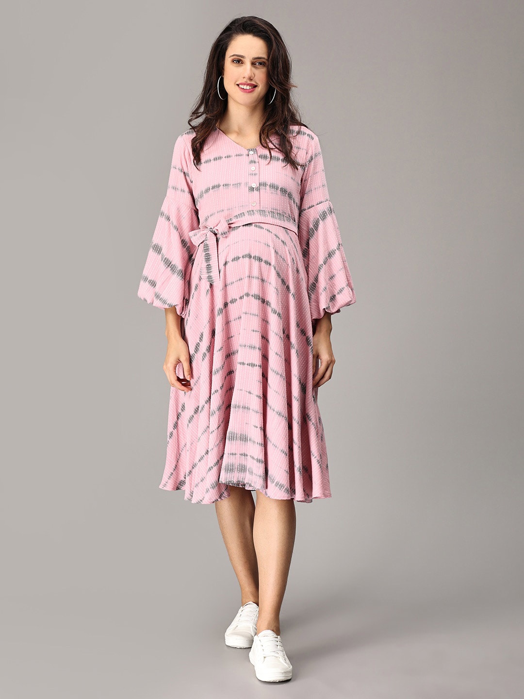 

The Mom Store Tie & Dye Dyed Puff Sleeve Tie Up Maternity Fit & Flare Dress, Pink