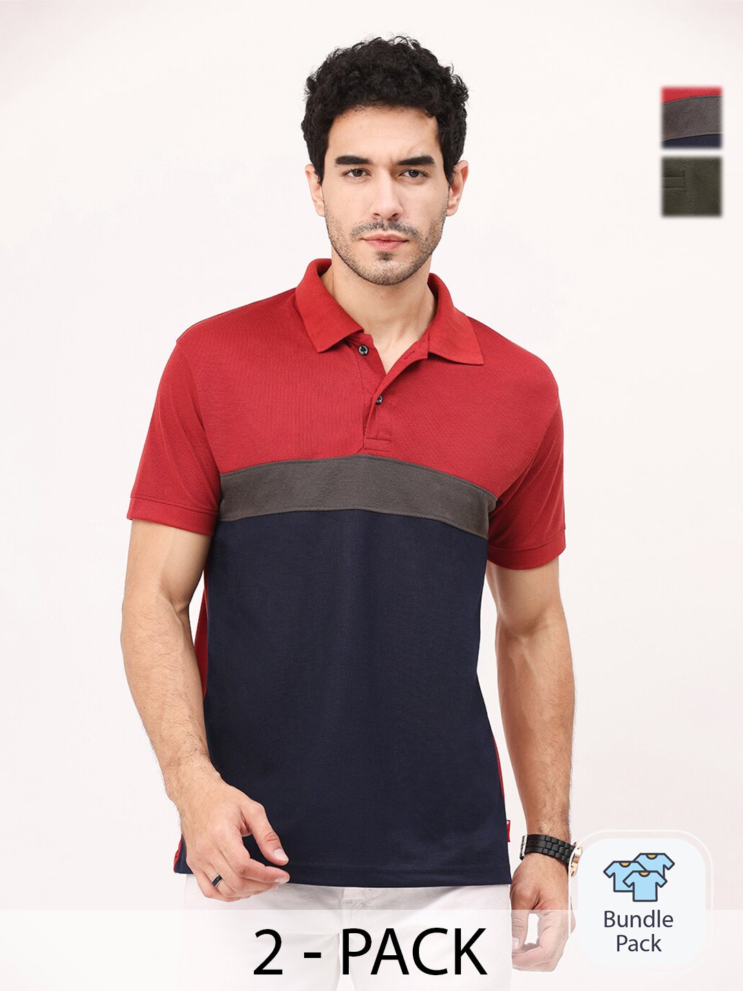 

Leotude Pack Of 2 Colourblocked Polo Collar T-shirts, Red