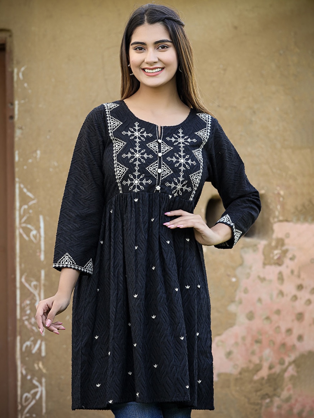 

KAAJH Ethnic Motifs Embroidered Crepe A-Line Kurta, Black