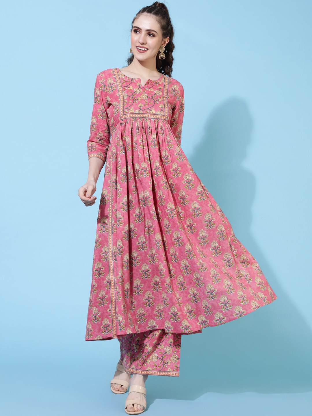 

KIMAYRA Floral Printed High Slit A-Line Kurta with Palazzos, Pink