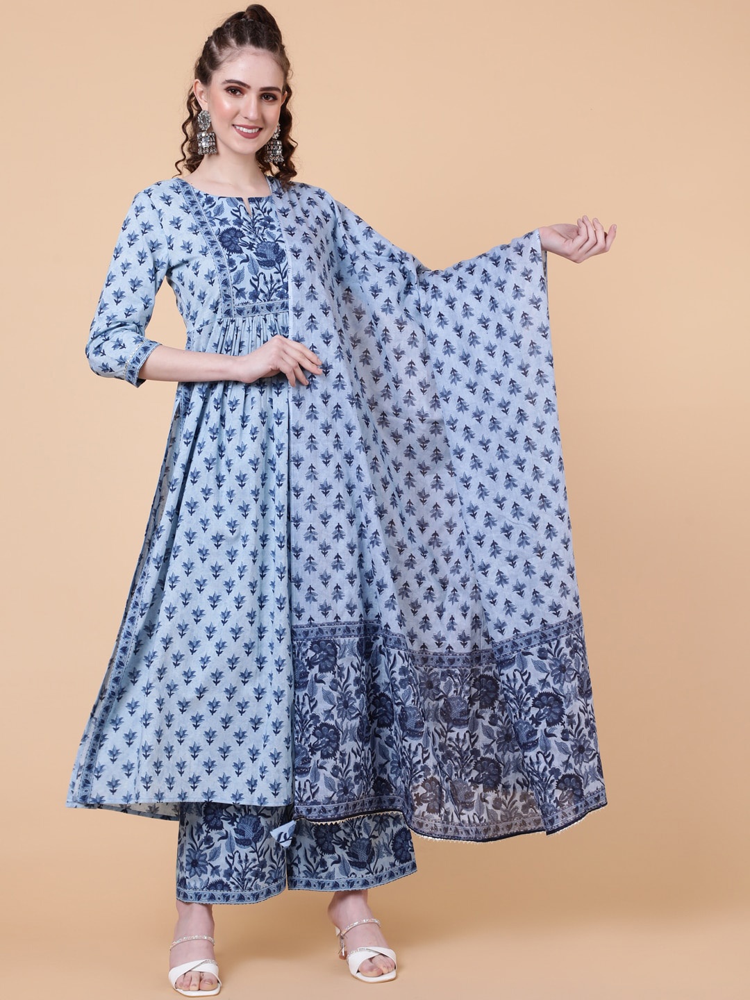 

KIMAYRA Ethnic Motifs Printed Pure Cotton Straight Kurta with Palazzos & With Dupatta, Blue