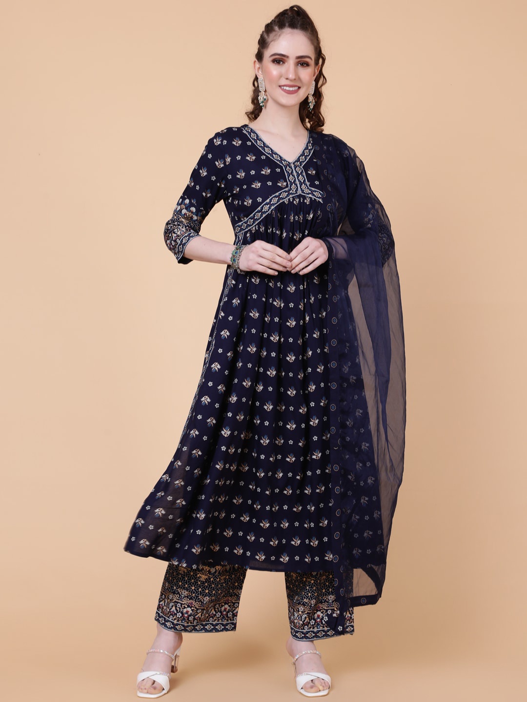 

KIMAYRA Ethnic Motifs Printed A-Line Kurta with Palazzos & With Dupatta, Navy blue