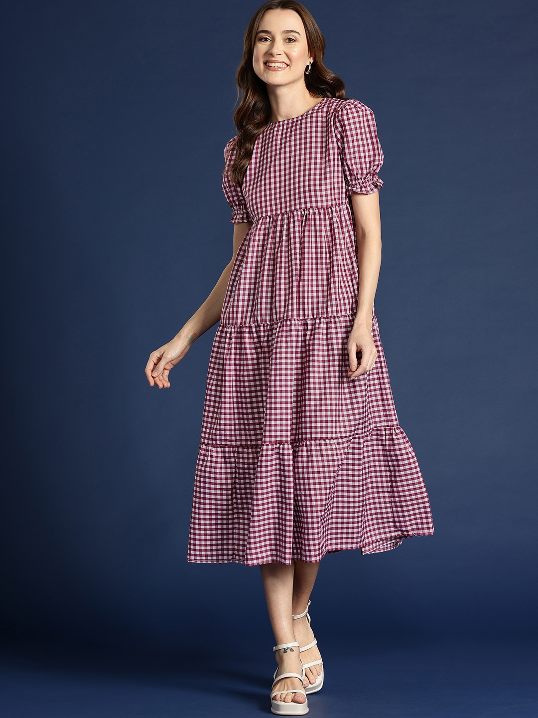 

Mast & Harbour Checked Puff Sleeves Tiered A-Line Midi Dress, Maroon
