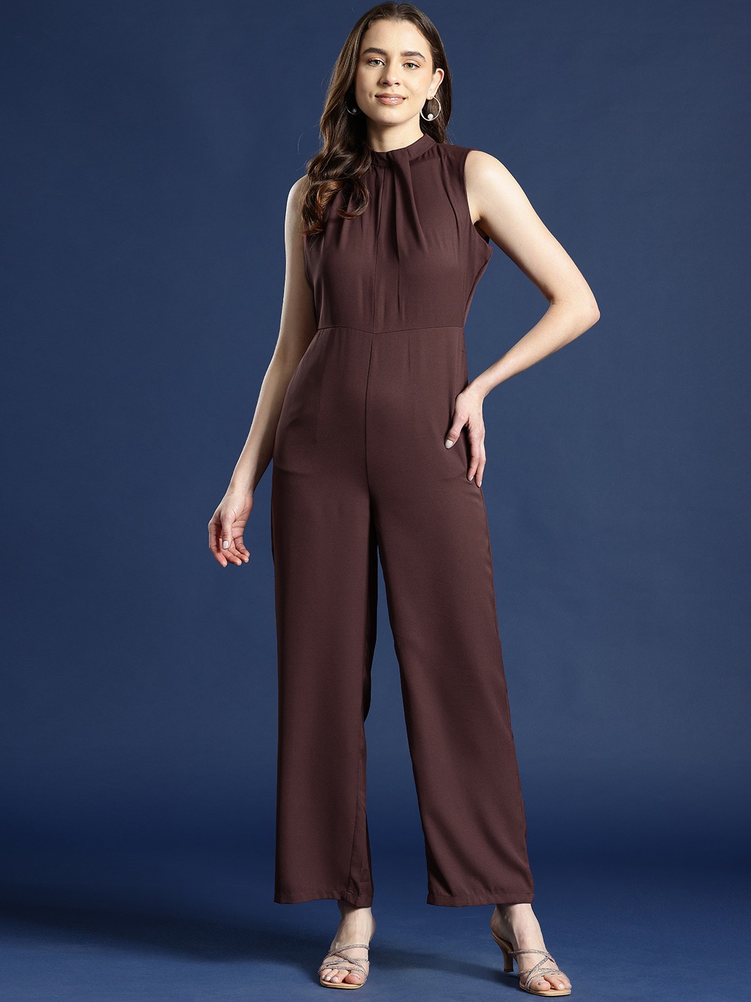 

Mast & Harbour High Neck Sleeveless Basic Jumpsuit, Coffee brown