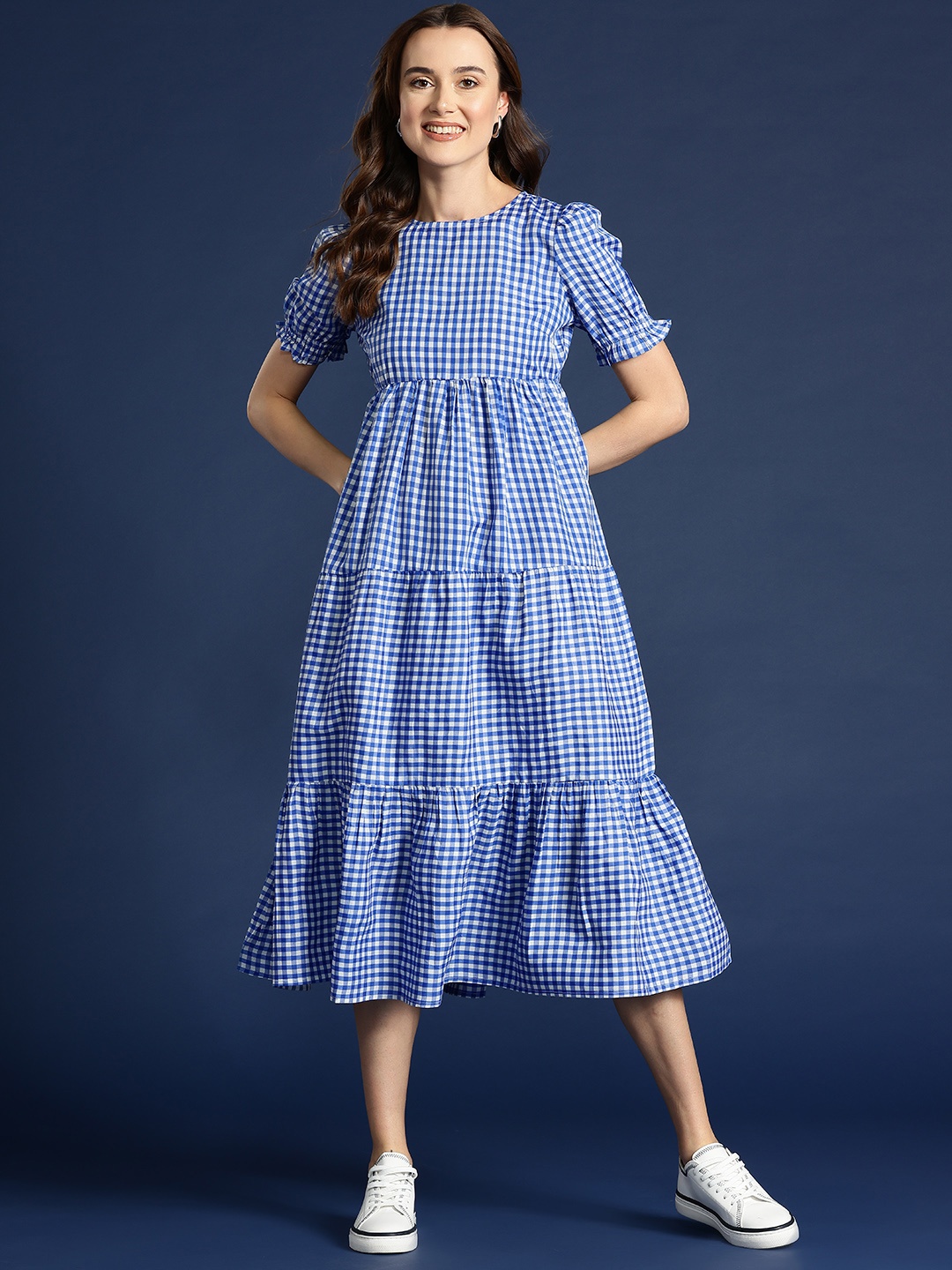 

Mast & Harbour Checked Puff Sleeves Tiered A-Line Midi Dress, Blue