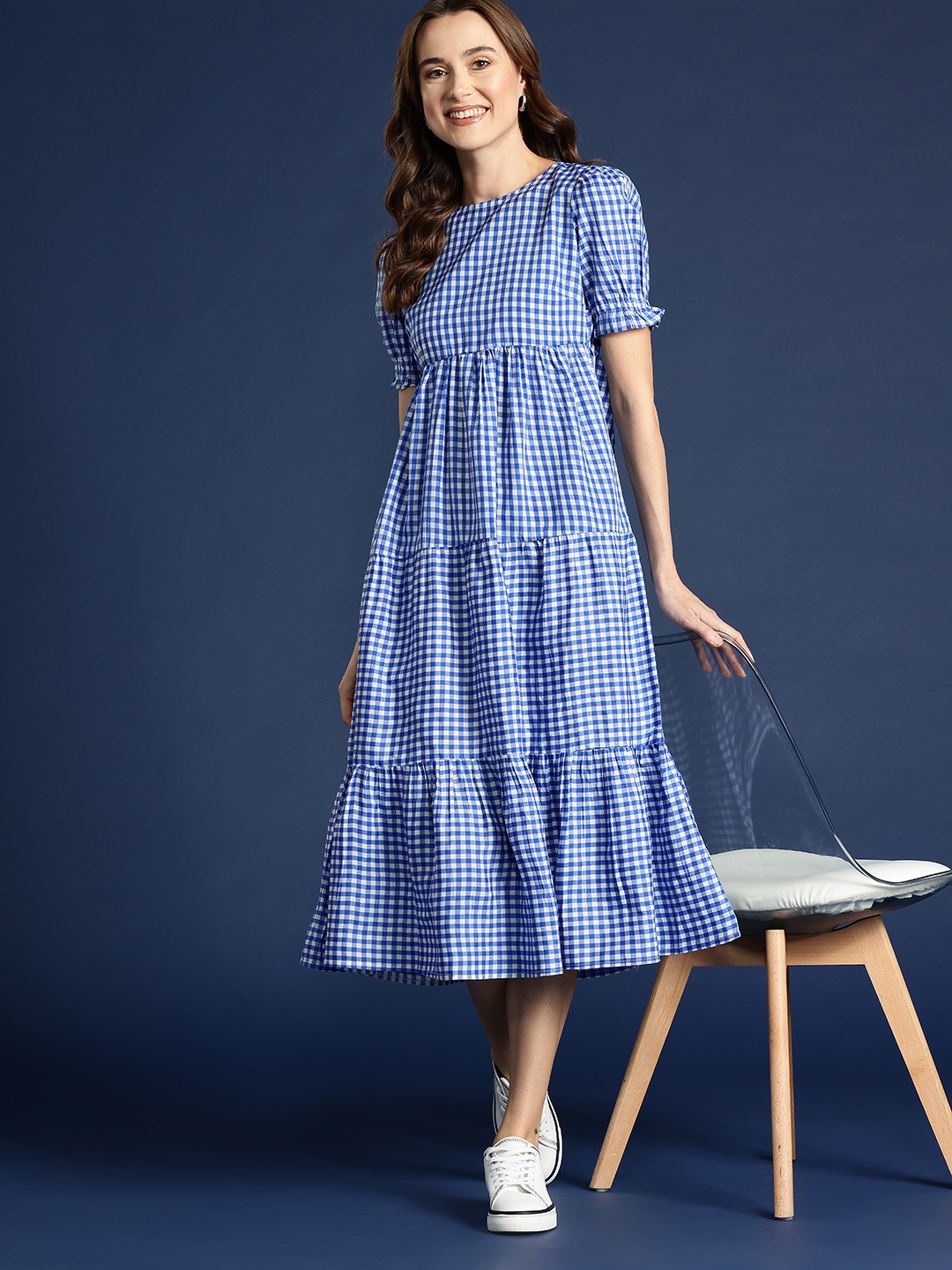 

Mast & Harbour Checked Puff Sleeves Tiered A-Line Midi Dress, Blue