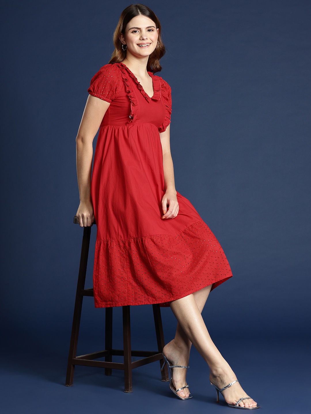 

Mast & Harbour Schiffli Cotton Puff Sleeve Ruffled A-Line Midi Dress, Red