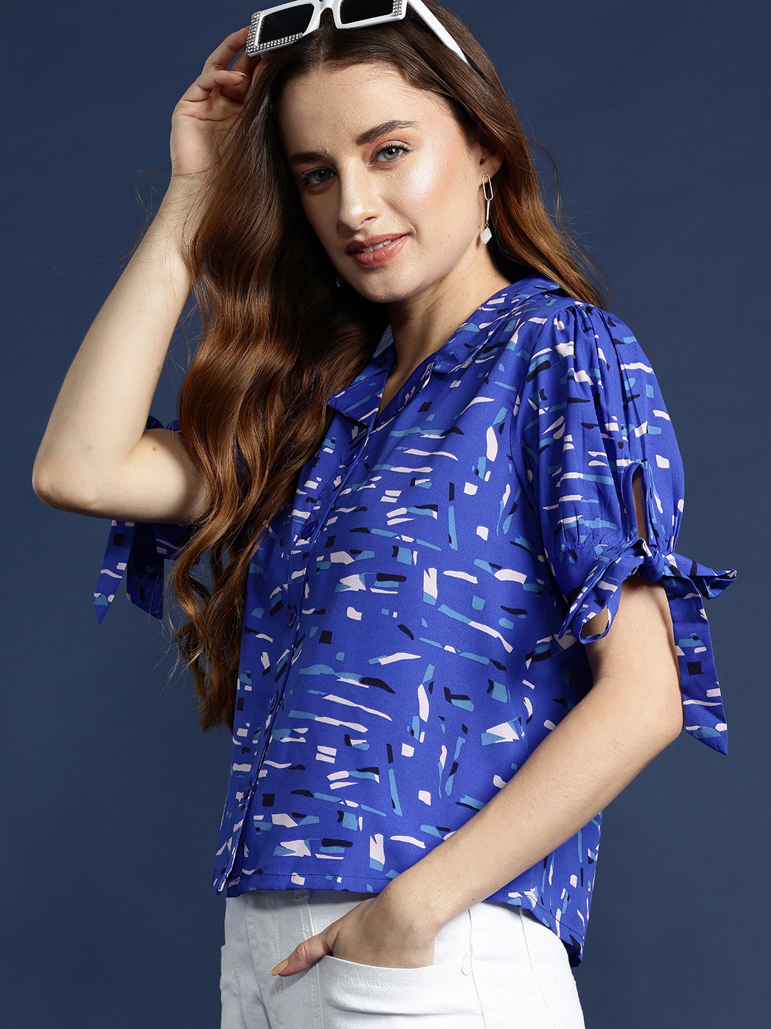 

Mast & Harbour Printed Puff Sleeves Shirt Style Top, Blue