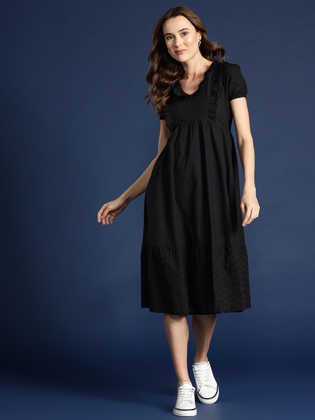 

Mast & Harbour Cotton Schiffli Detail Ruffled A-Line Midi Dress, Black