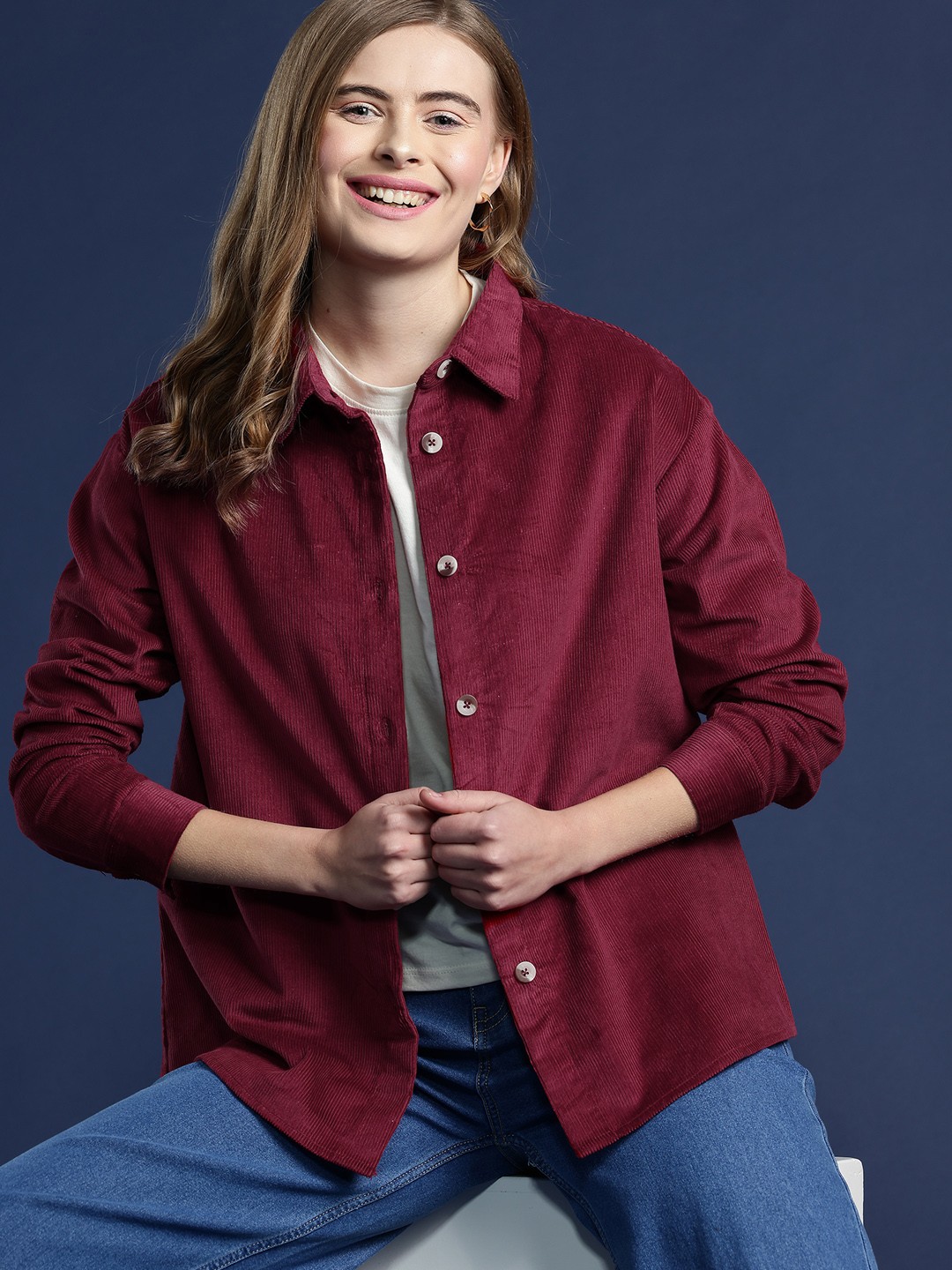 

Mast & Harbour Pure Cotton Spread Collar Corduroy Shirt, Maroon