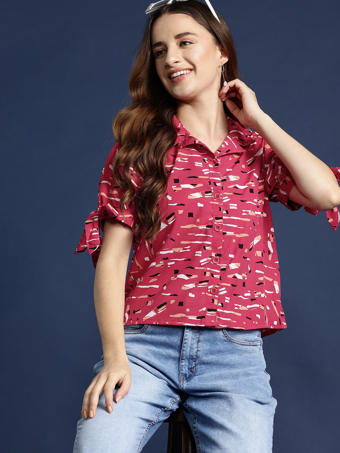 

Mast & Harbour Printed Puff Sleeves Shirt Style Top, Pink