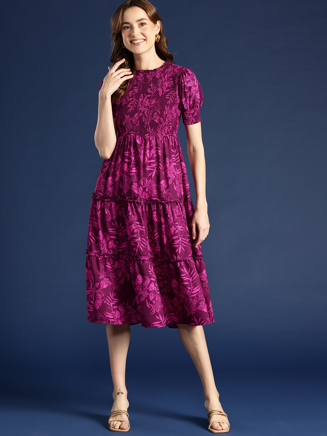 

Mast & Harbour Floral Print Puff Sleeve Smocked Tiered Midi Dress, Burgundy