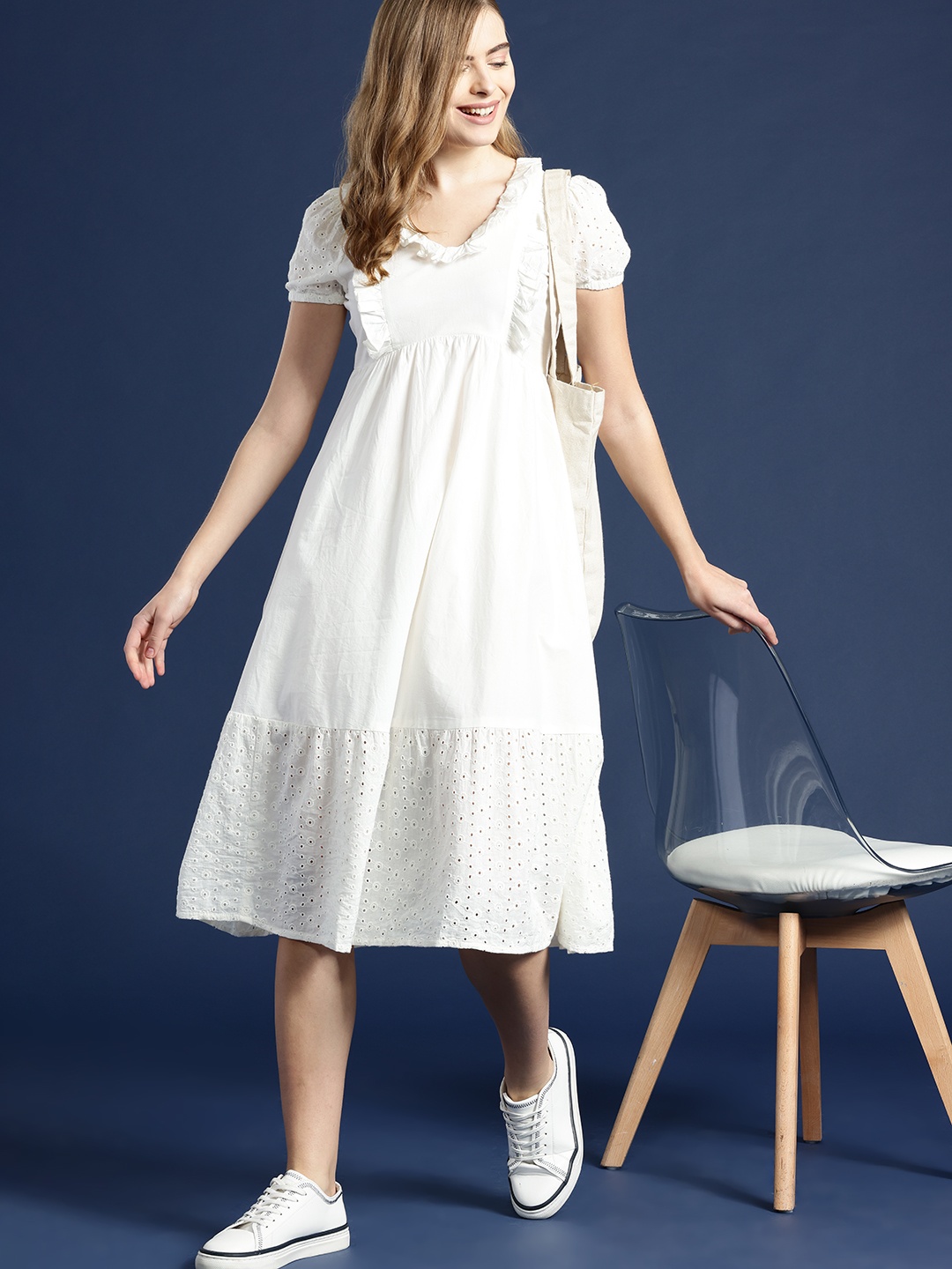 

Mast & Harbour Schiffli Embroidered Cotton Ruffled A-Line Midi Dress, White