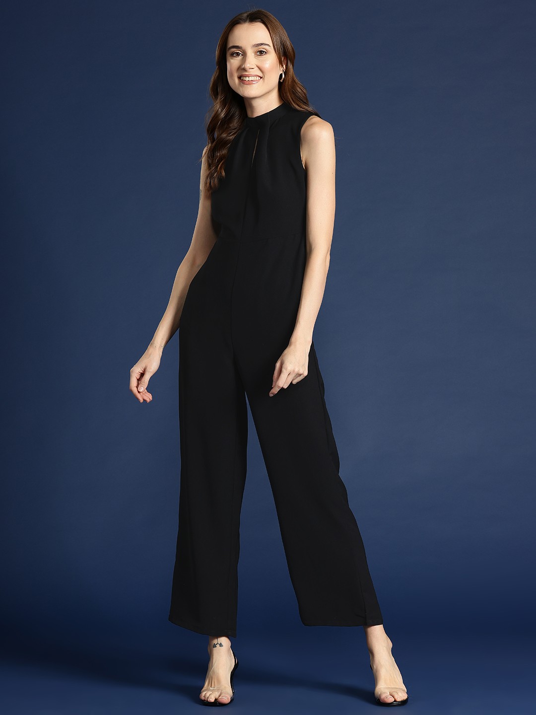 

Mast & Harbour Slit Neckline Basic Jumpsuit, Black
