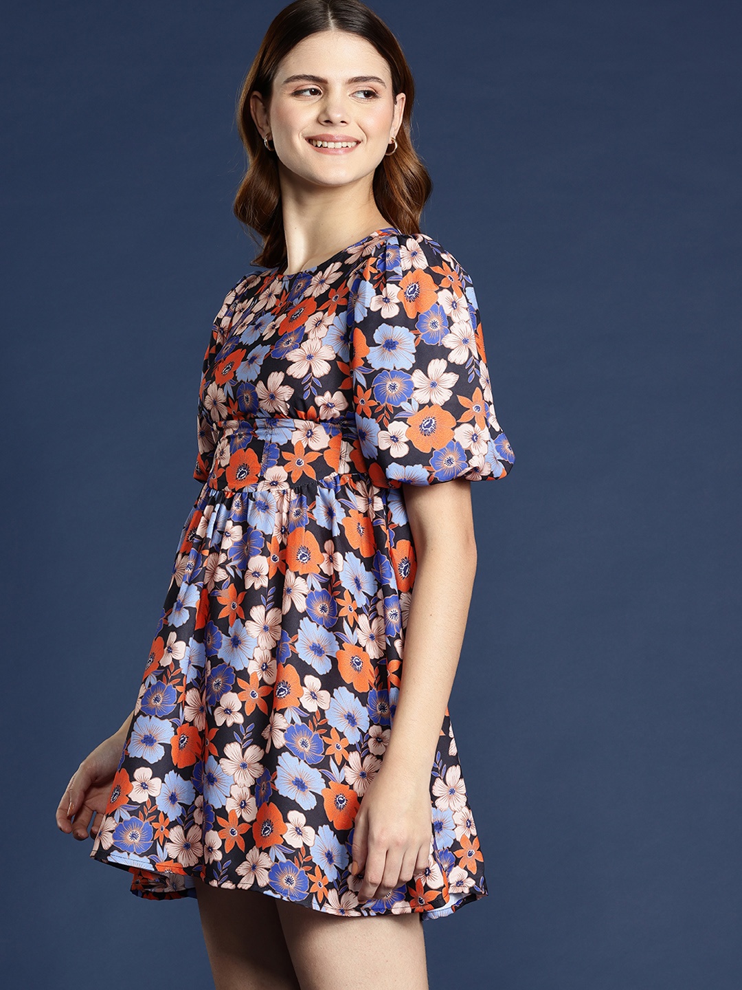 

Mast & Harbour Floral Print Puff Sleeve A-Line Dress, Black