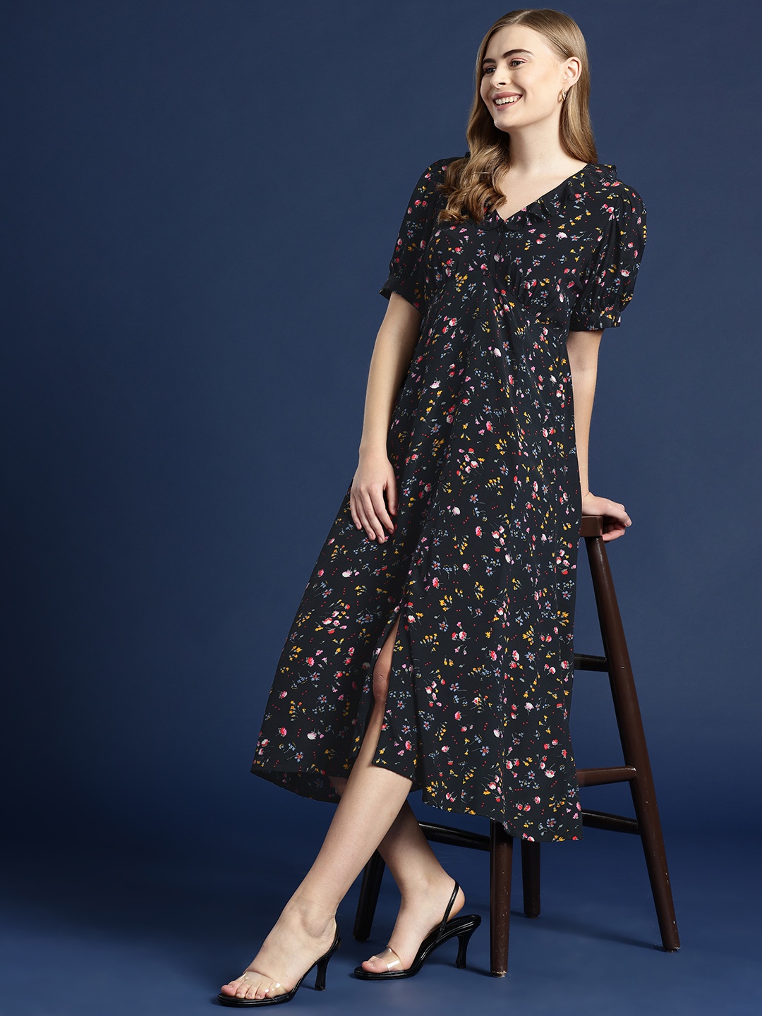 

Mast & Harbour Floral Print Puff Sleeve Ruffled A-Line Midi Dress, Black