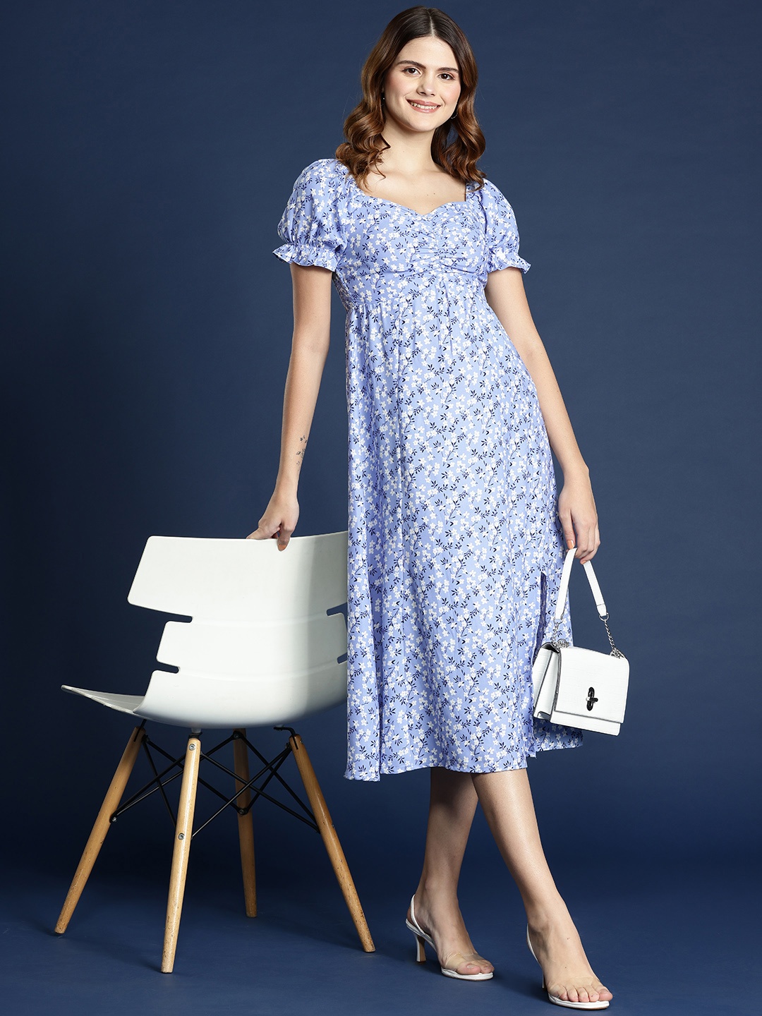 

Mast & Harbour Side Slit Smocked Floral Print Puff Sleeve Empire Midi Dress, Blue