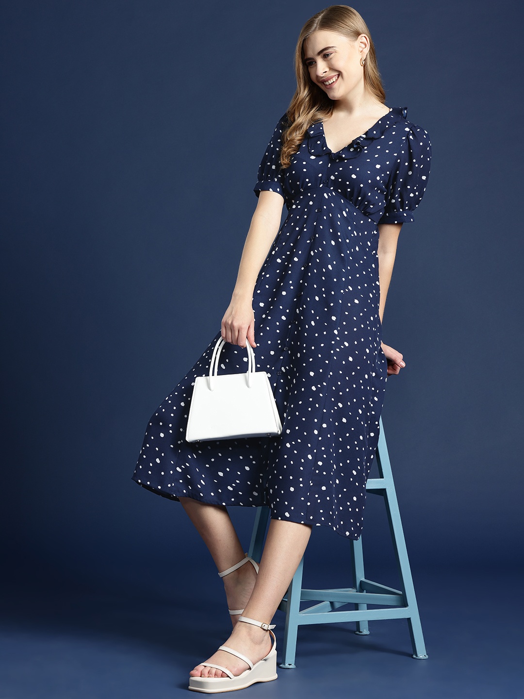 

Mast & Harbour Printed Puff Sleeve Ruffled A-Line Midi Dress, Navy blue