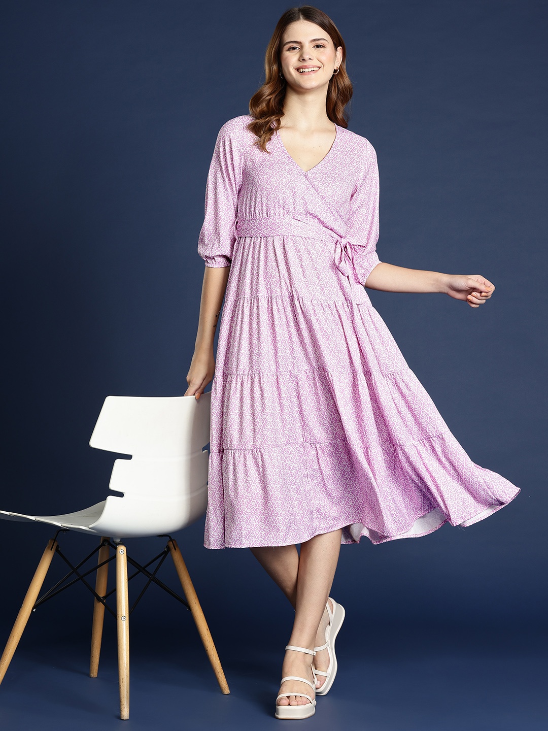 

Mast & Harbour Ethnic Motifs Print Tiered Wrap Midi Dress, Lavender