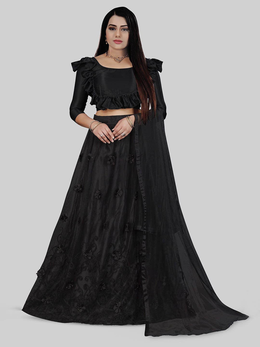 

N N ENTERPRISE Semi-Stitched Lehenga & Unstitched Blouse With Dupatta, Black
