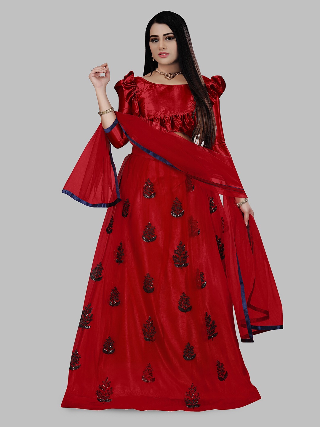 

N N ENTERPRISE Floral Embroidered Semi-Stitched Lehenga & Unstitched Blouse With Dupatta, Red