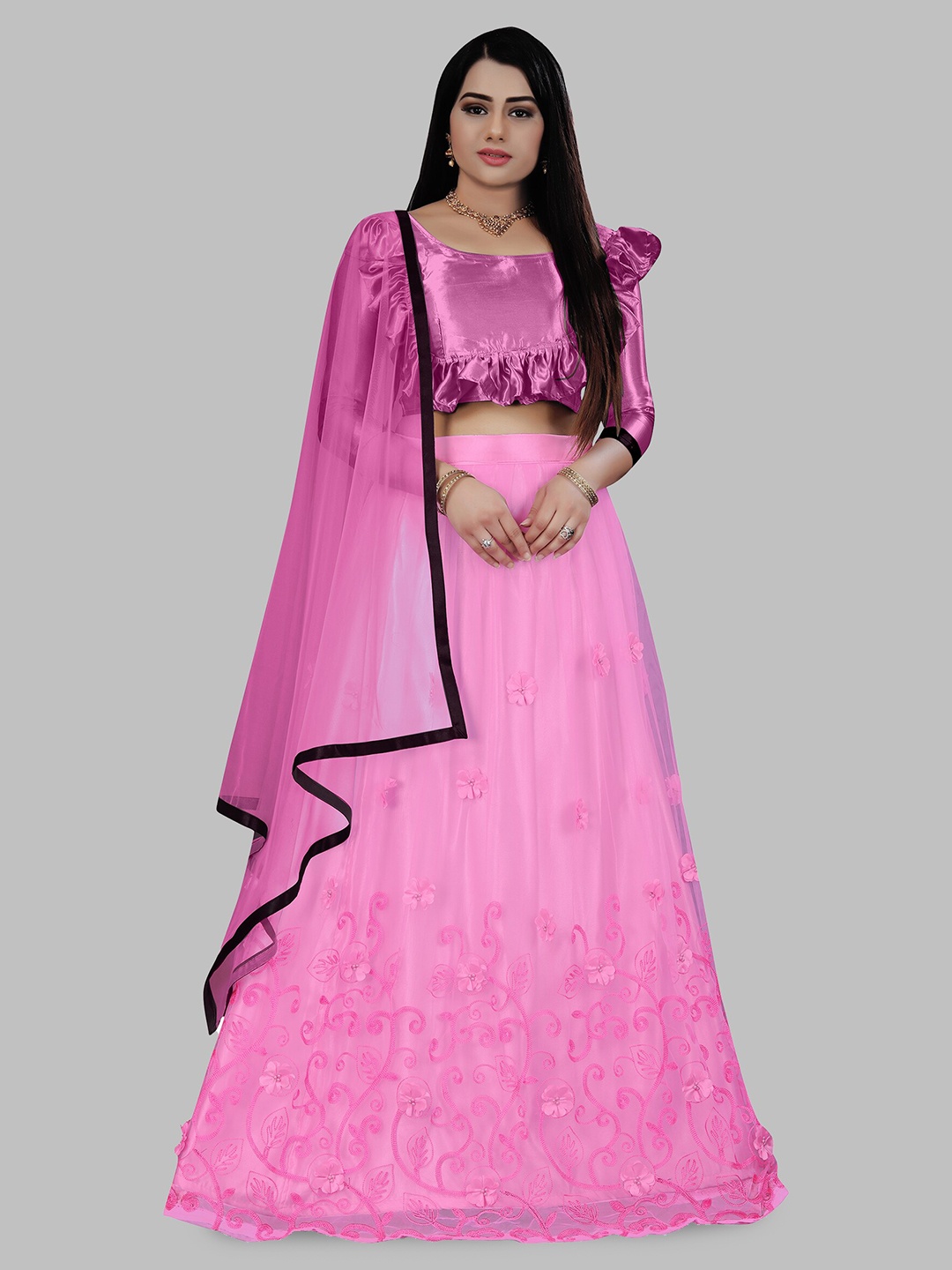 

N N ENTERPRISE Thread Work Semi-Stitched Net Lehenga & Unstitched Blouse With Dupatta, Pink