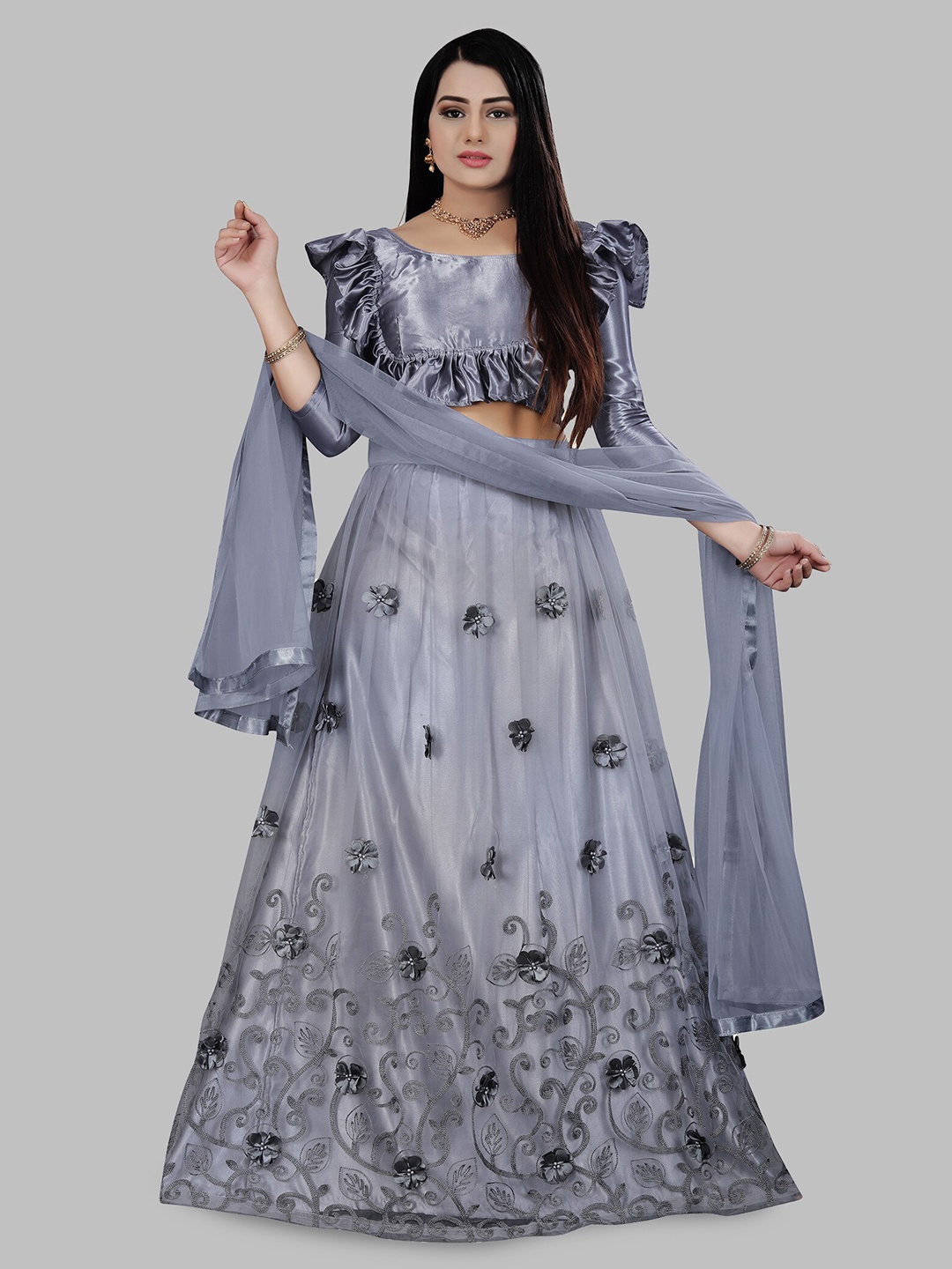 

N N ENTERPRISE Floral Embroidered Semi-Stitched Lehenga & Unstitched Blouse With Dupatta, Grey