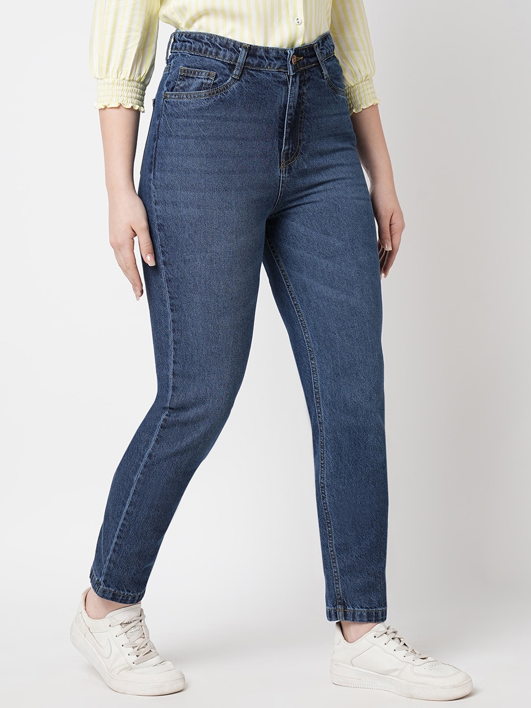 

Kraus Jeans Women High-Rise Heavy Fade Whiskers & Chevrons Pure Cotton Jeans, Blue