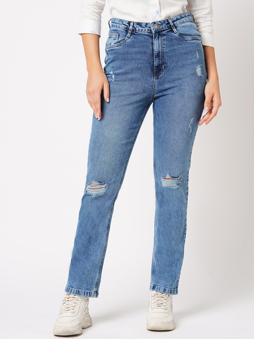 

Kraus Jeans Women Straight Fit High-Rise Mildly Distressed Light Fade Stretchable Jeans, Blue