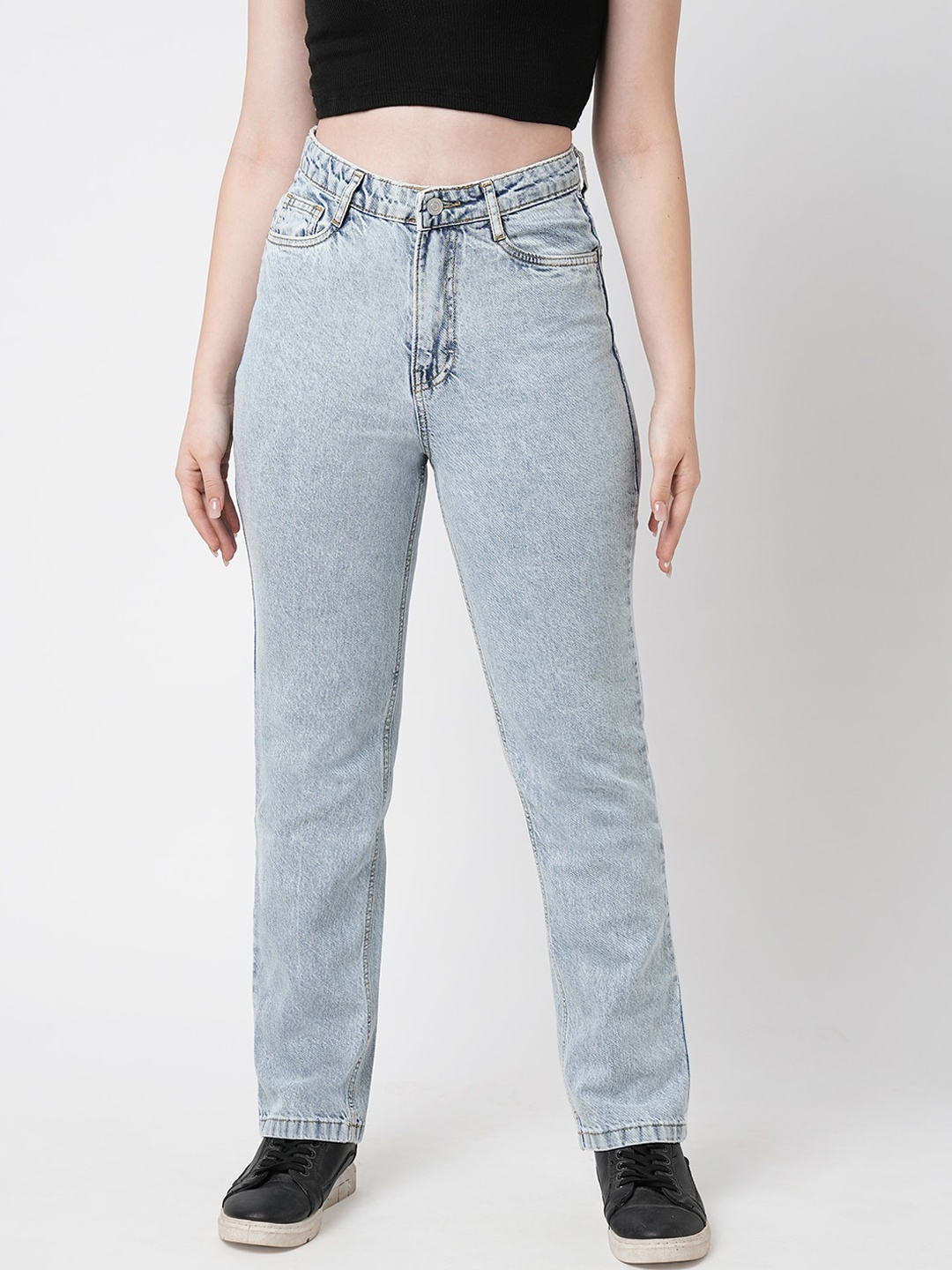 

Kraus Jeans Women Straight Fit High-Rise Heavy Fade Pure Cotton Jeans, Blue