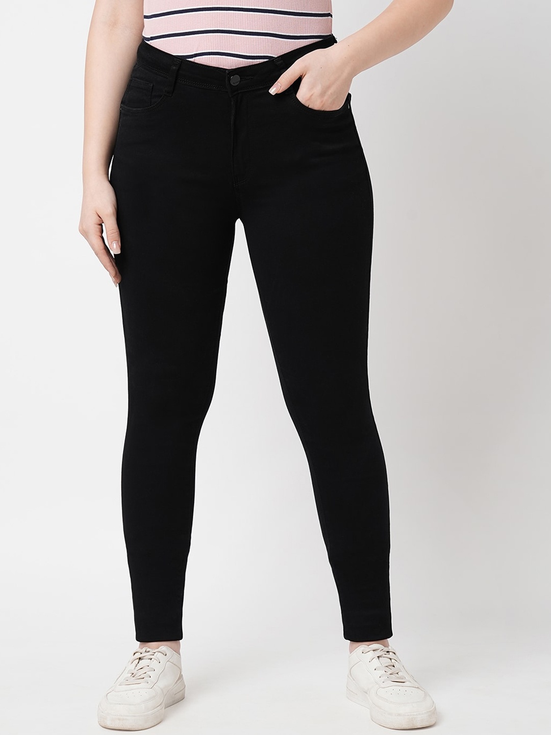 

Kraus Jeans Women Skinny Fit High-Rise Clean Look Stretchable Jeans, Black