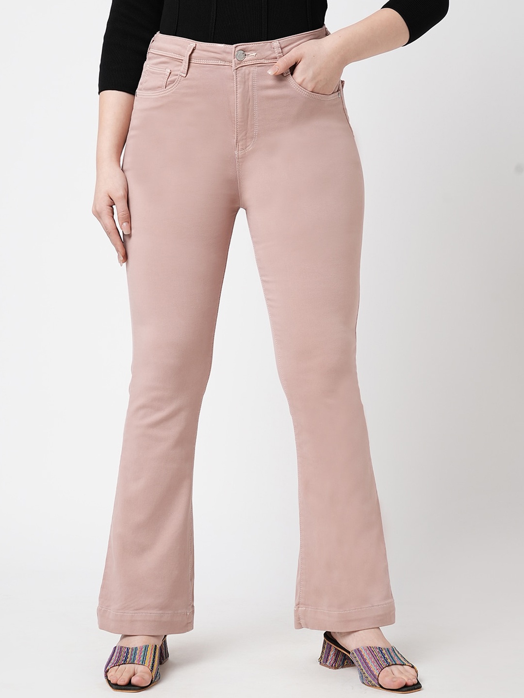 

Kraus Jeans Women Flared High-Rise Clean Look Pure Cotton Jeans, Peach