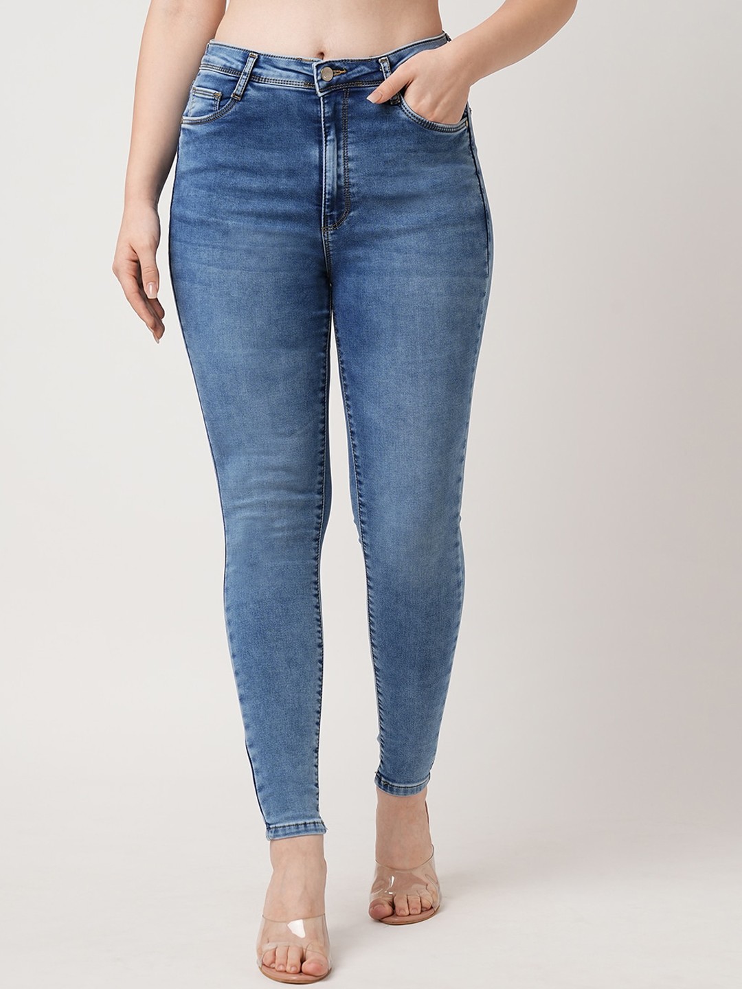 

Kraus Jeans Women Skinny Fit High-Rise Clean Look Heavy Fade Stretchable Jeans, Blue