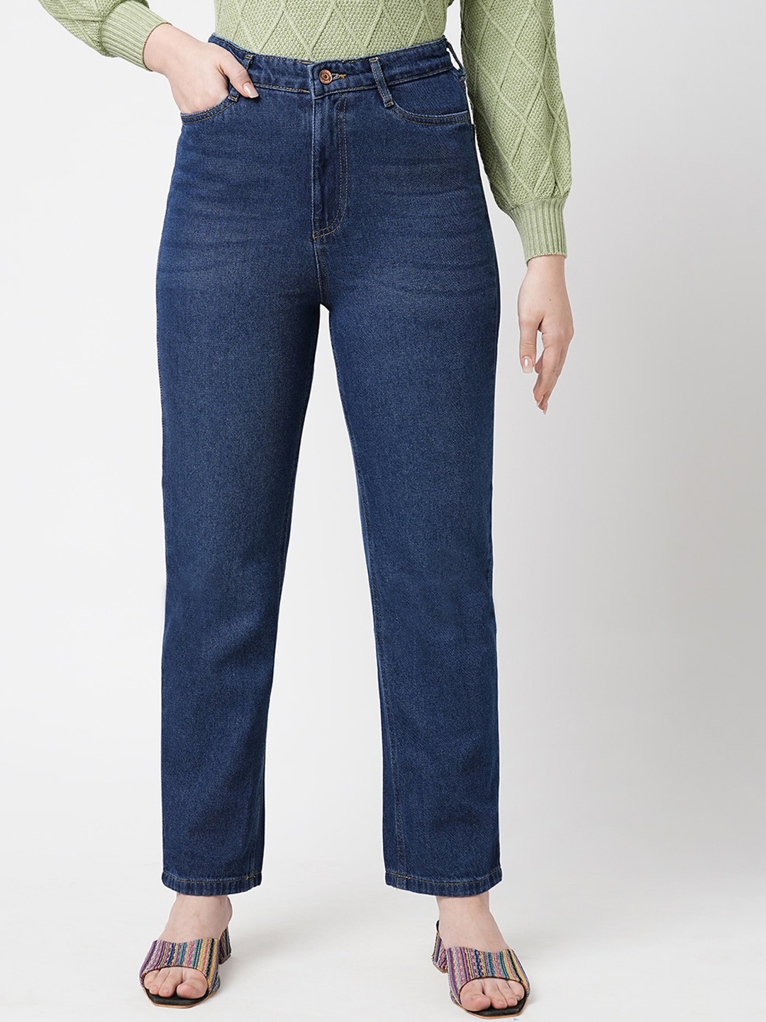 

Kraus Jeans Women Straight Fit High-Rise Light Fade Cotton Jeans, Blue