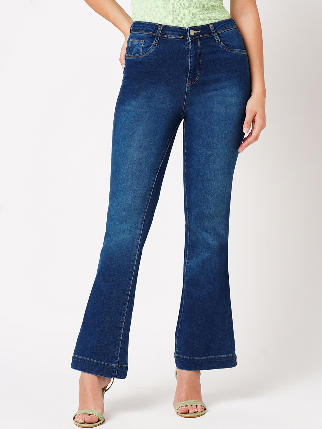 

Kraus Jeans Women Flared High-Rise Heavy Fade Cotton Jeans, Blue