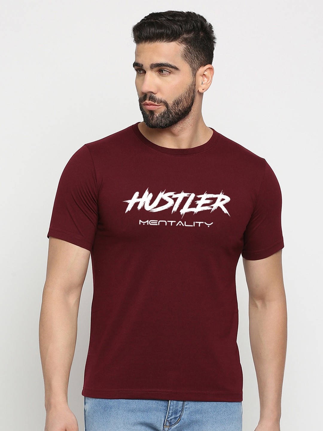 

MOD ECRU Typography Printed Round Neck Cotton T-shirt, Maroon
