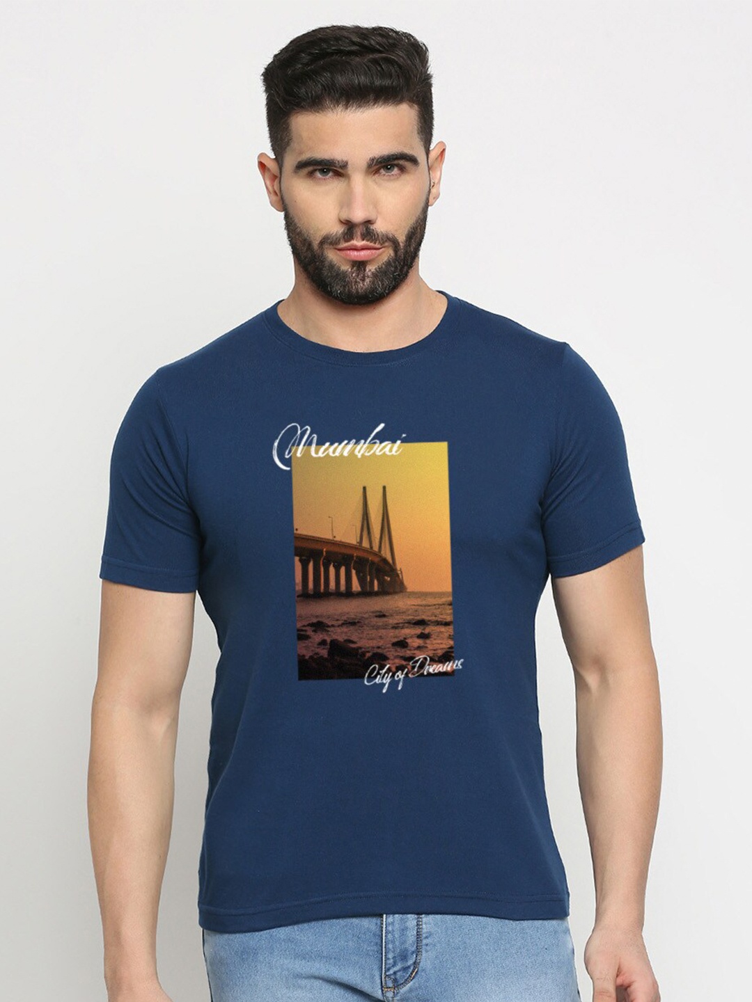 

MOD ECRU People and Places Printed Round Neck Cotton T-shirt, Blue