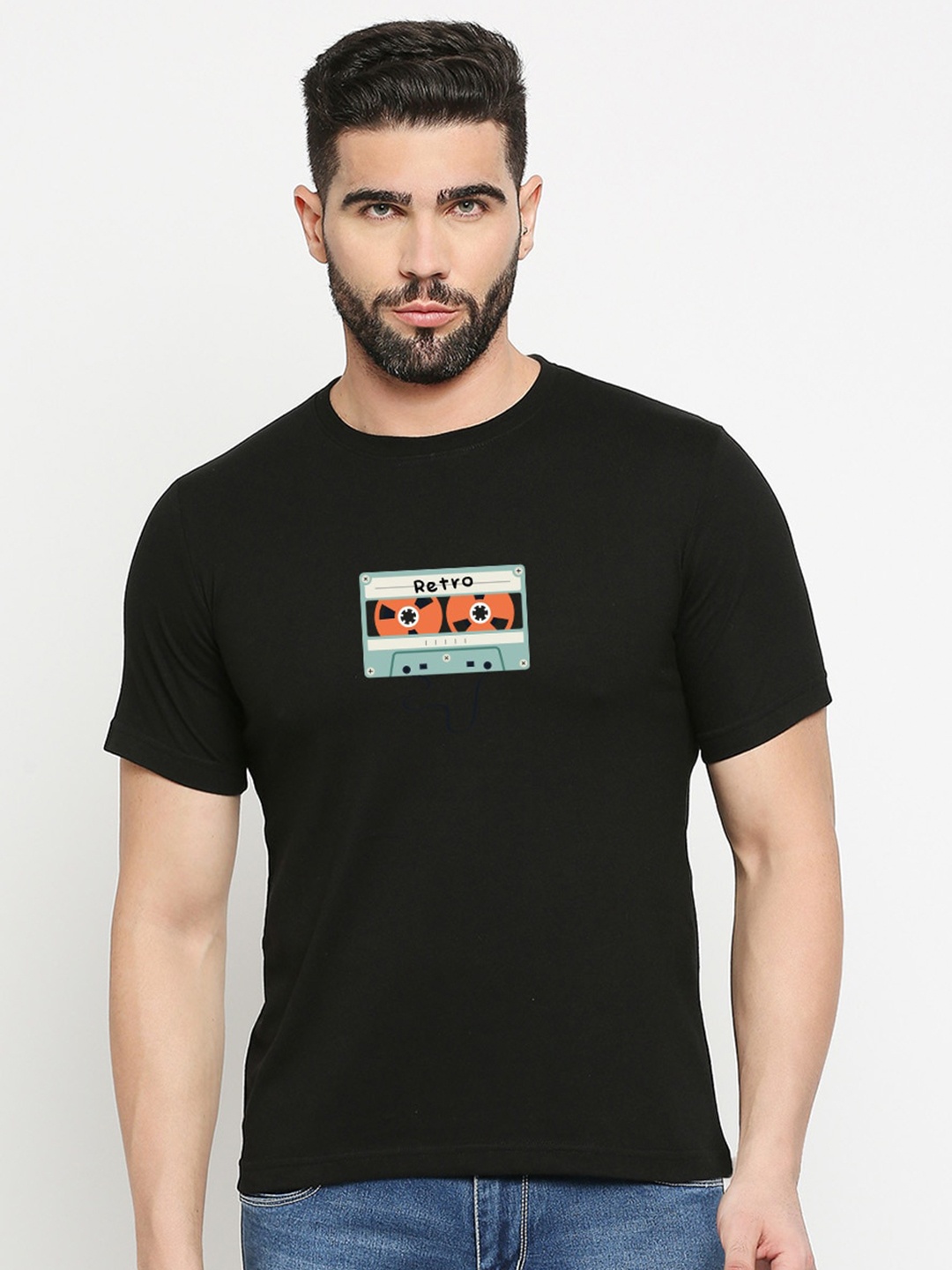 

MOD ECRU Music Printed Round Neck Cotton T-shirt, Black