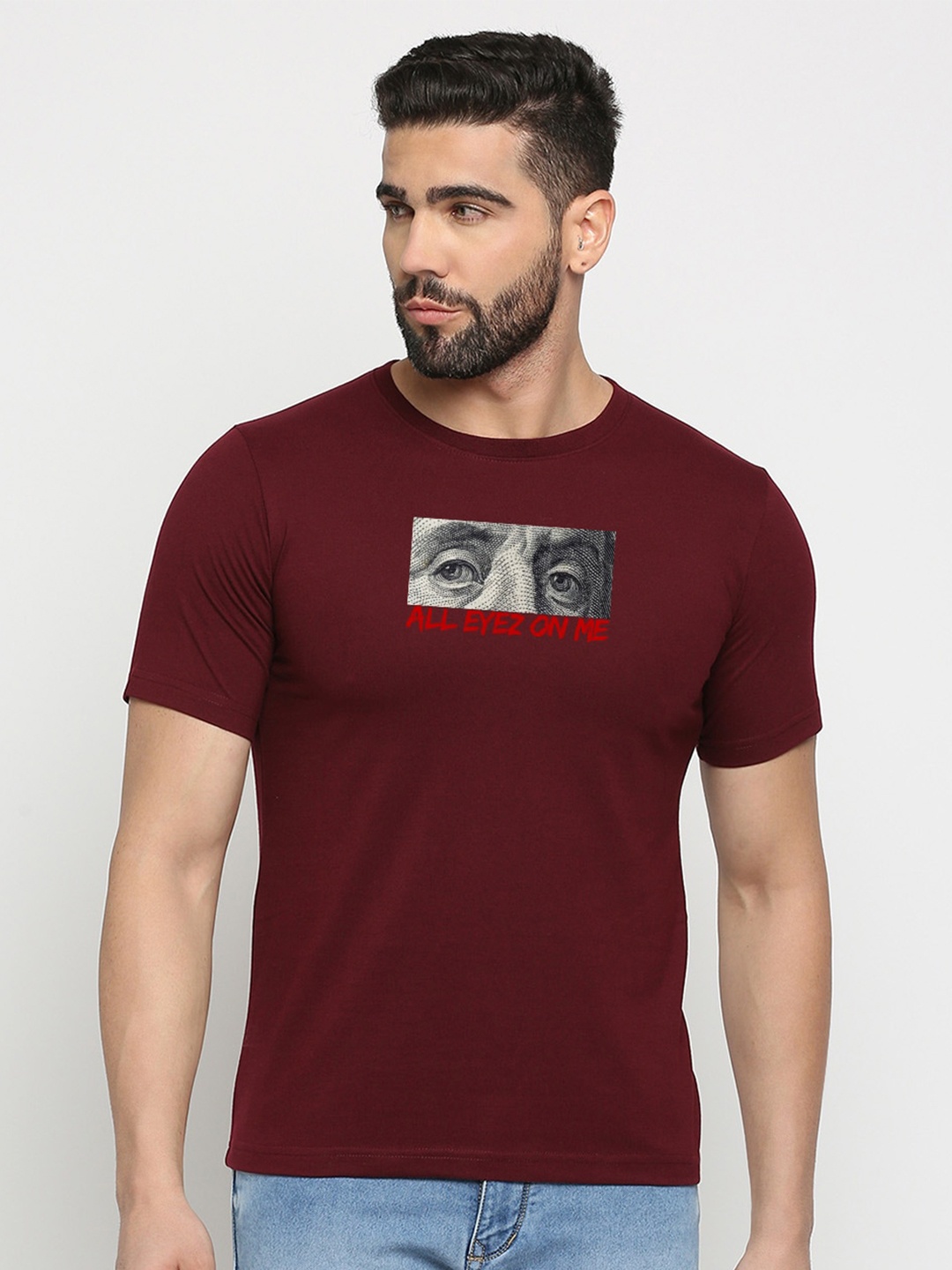 

MOD ECRU Graphic Printed Round Neck Cotton T-shirt, Maroon
