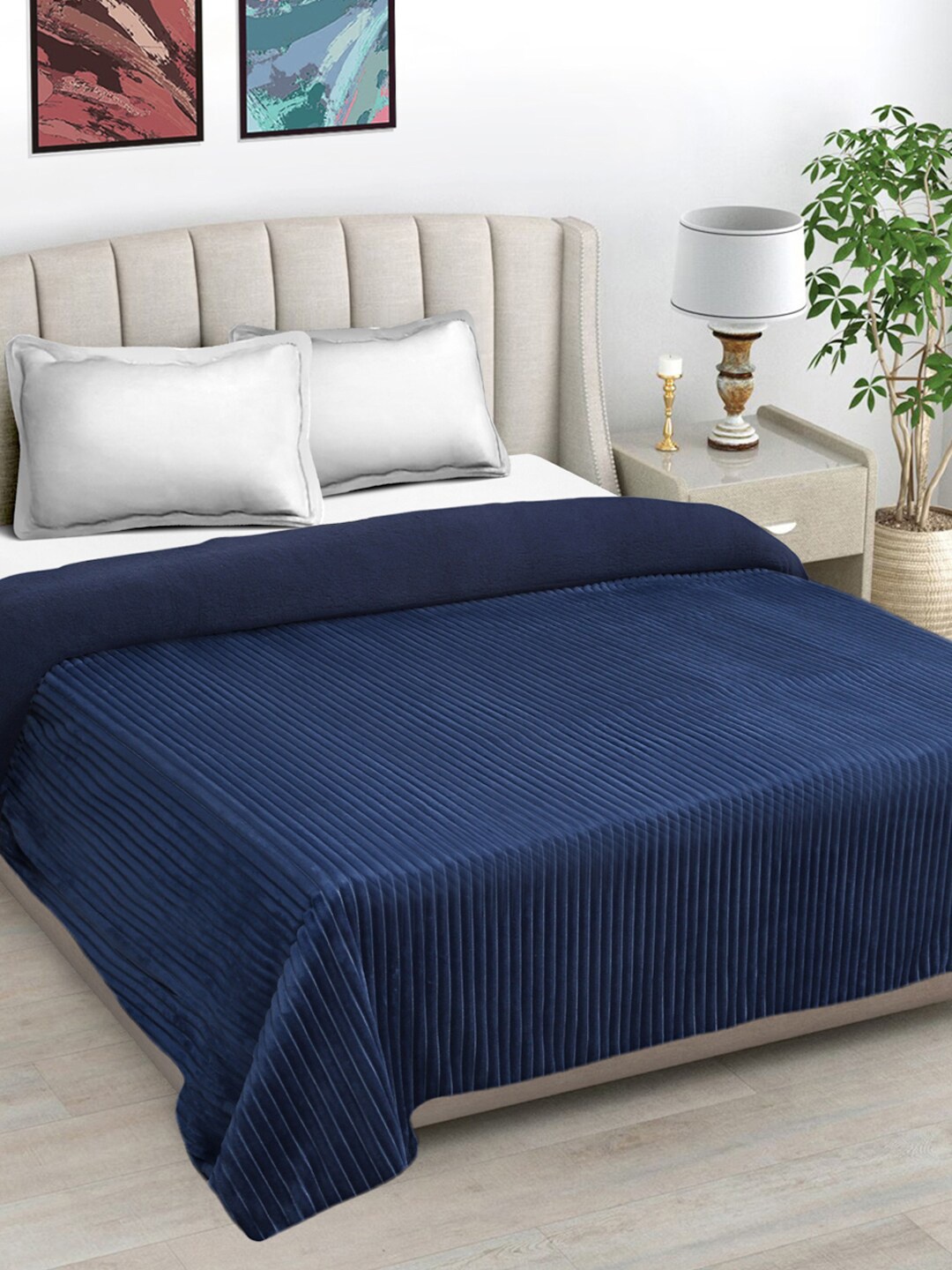 

FABINALIV Navy Blue Striped Mild Winter 450 GSM Micro Fiber Filling Double Bed Comforter