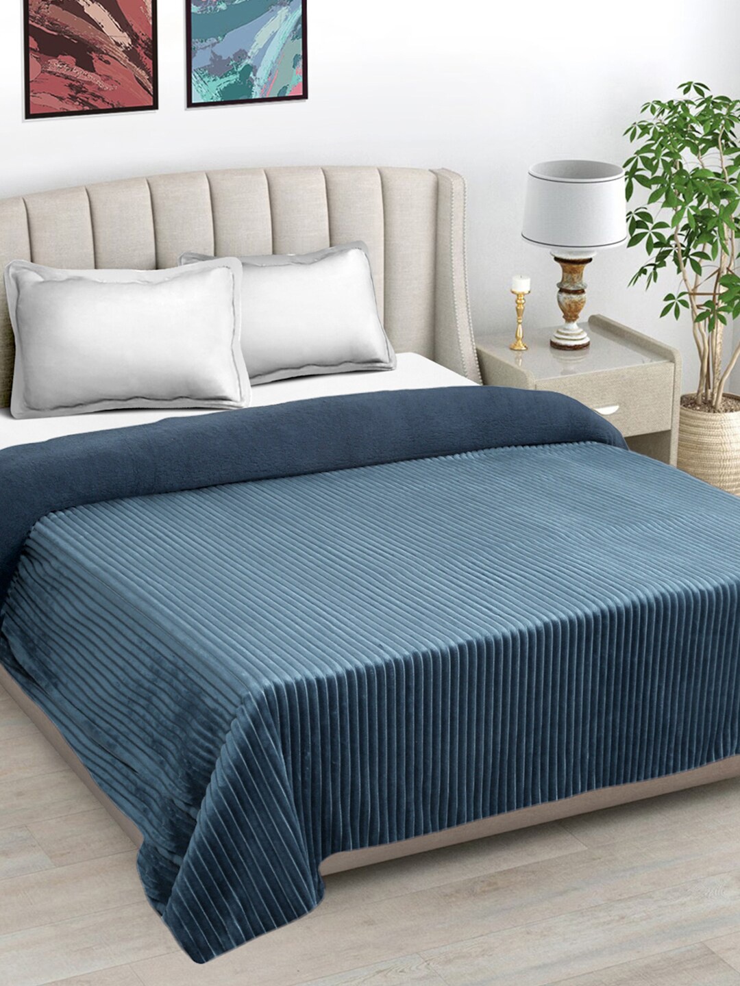 

FABINALIV Blue Striped Woollen Mild Winter 450 GSM Double Bed Comforter