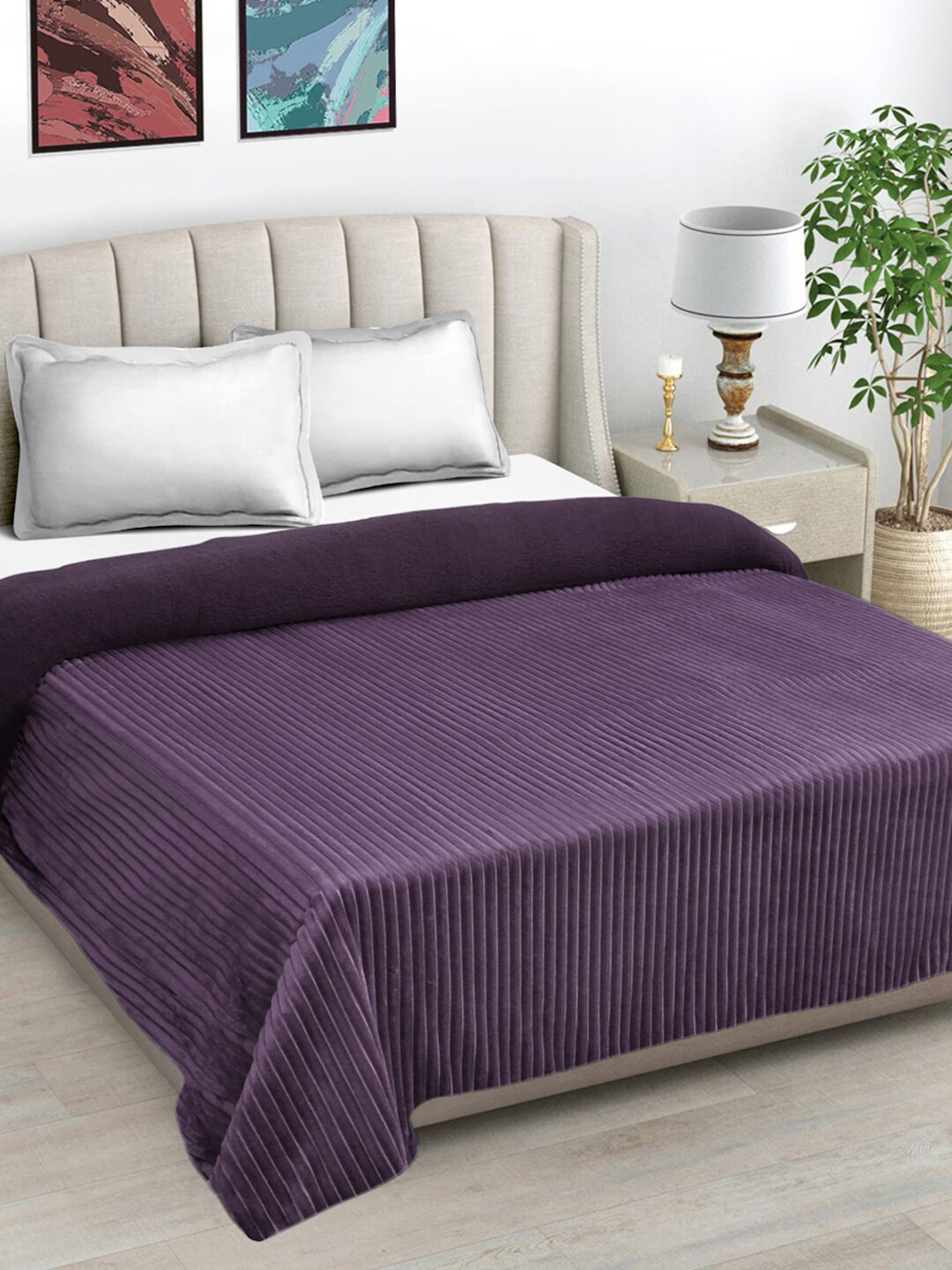 

FABINALIV Purple Striped Mild Winter 450 GSM Micro Fiber Filling Double Bed Comforter