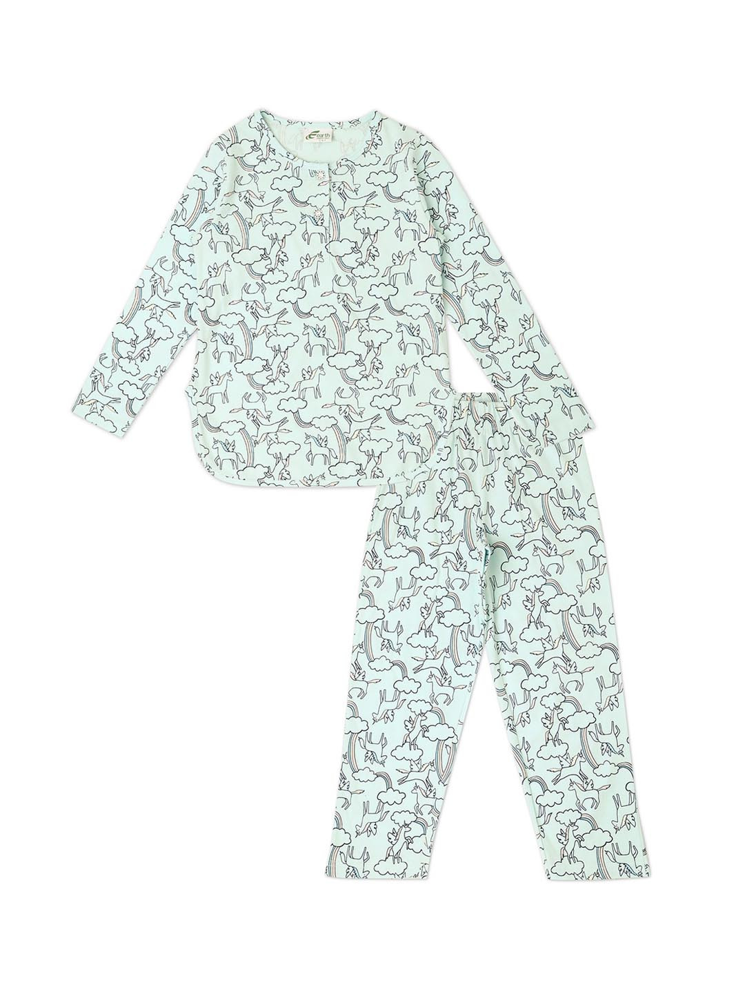 

earth conscious Girls Conversational Printed Henley Neck Pure Cotton Night Suit, Blue