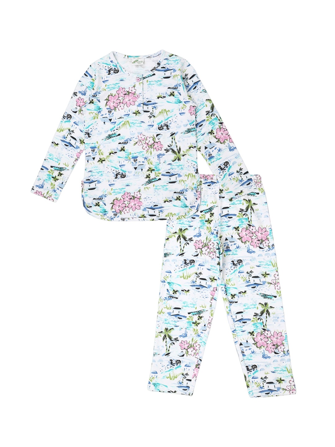 

earth conscious Girls Floral Printed Henley Neck Pure Cotton Night Suit, White
