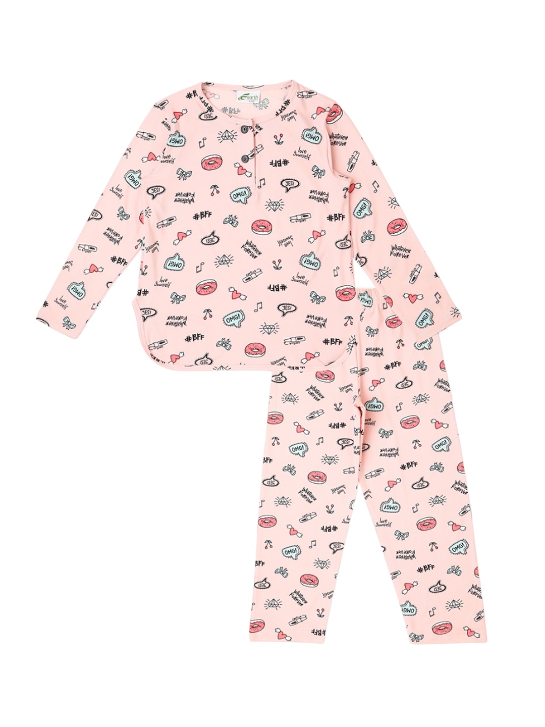 

earth conscious Girls Conversational Printed Henley Neck Pure Cotton Night Suit, Pink
