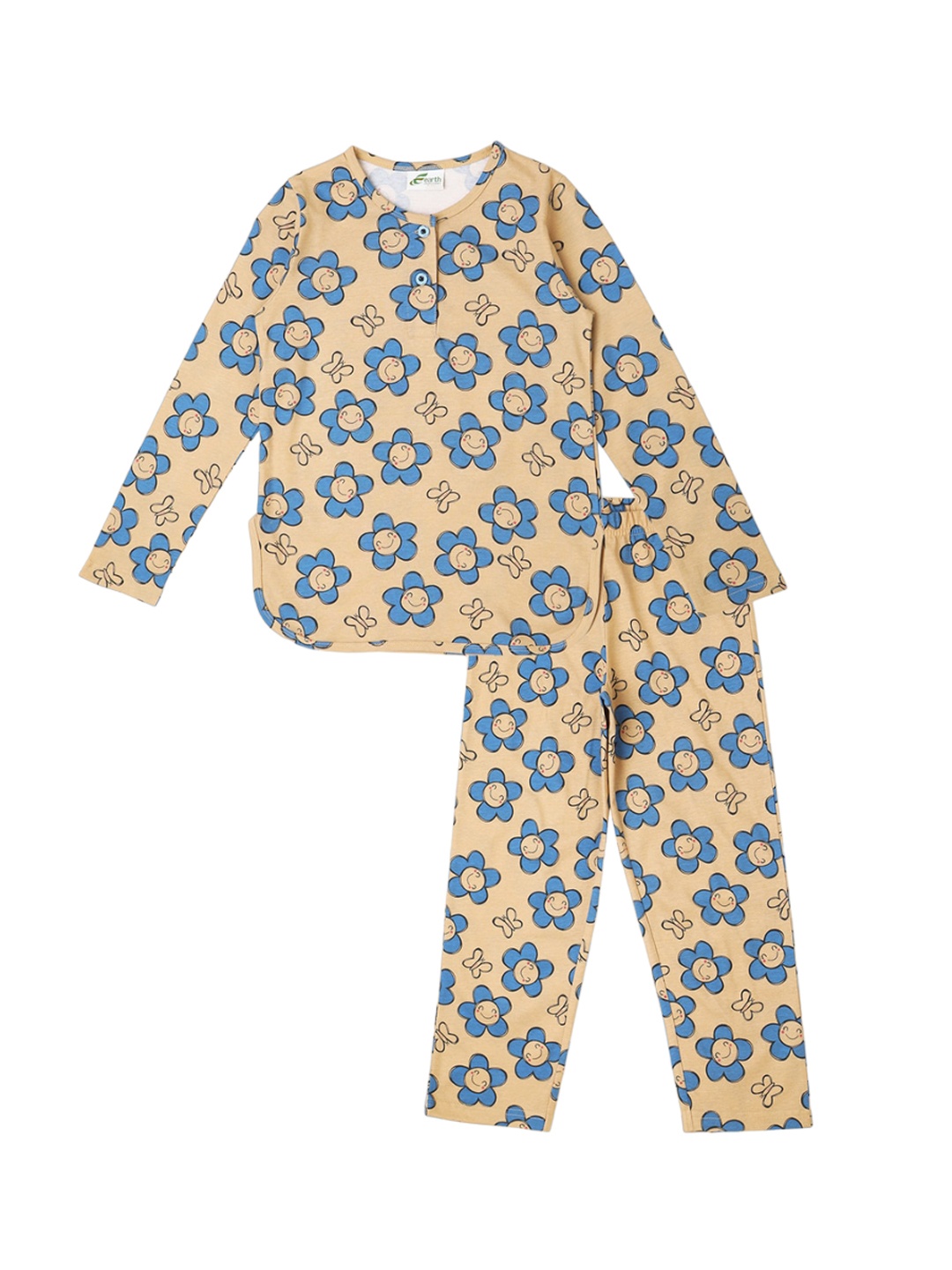 

earth conscious Girls Floral Printed Henley Neck Pure Cotton Night Suit, Brown