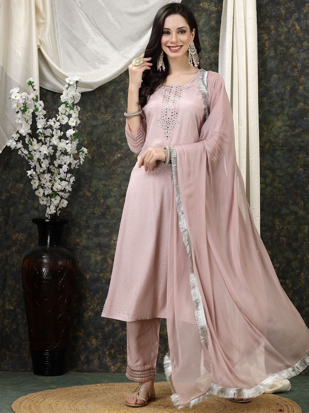 

HERE&NOW Mauve-Coloured Geometric Embroidered Straight Kurta & Palazzos With Dupatta