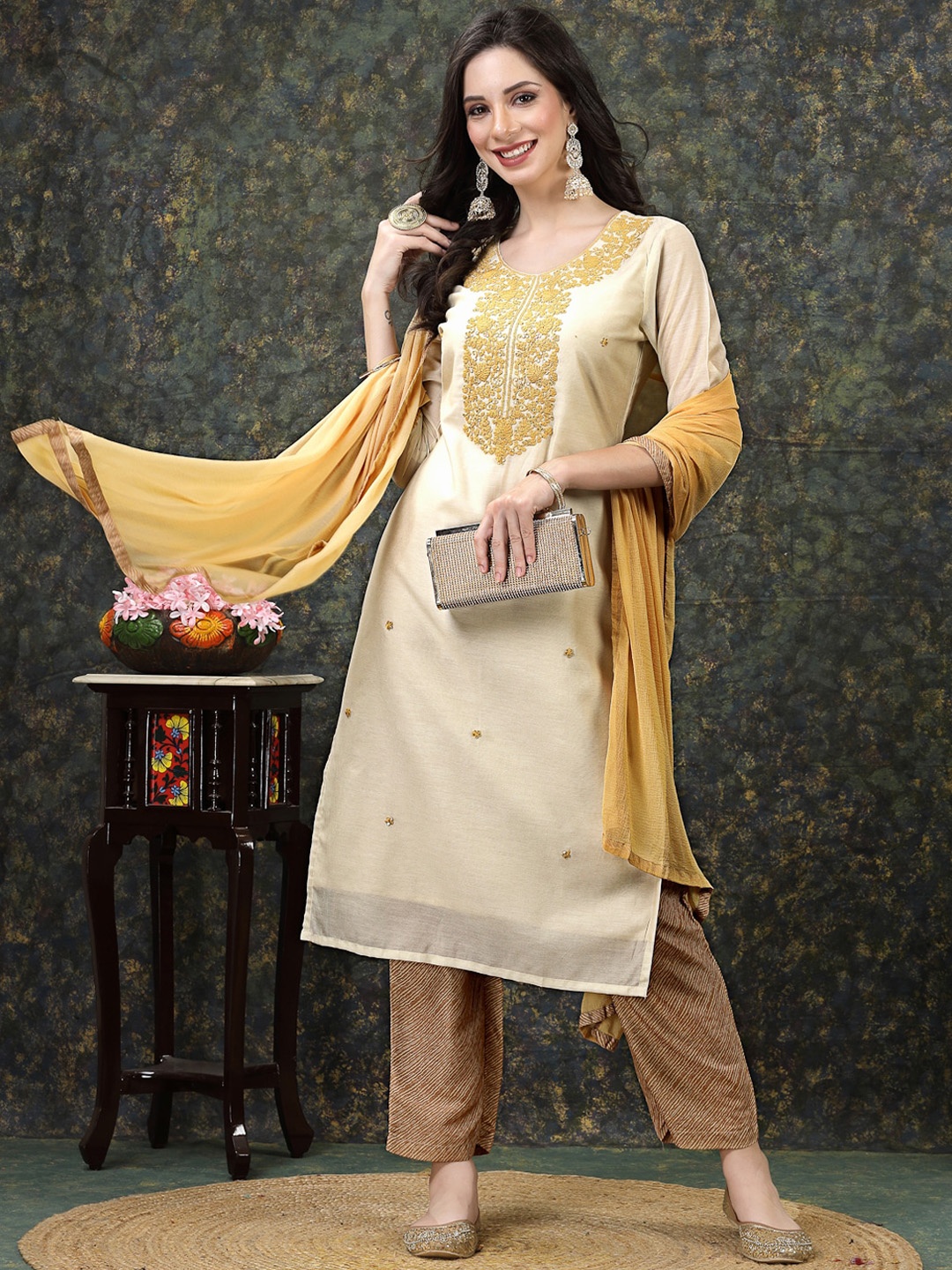 

HERE&NOW Beige Ethnic Motifs Embroidered Straight Kurta & Trousers With Dupatta