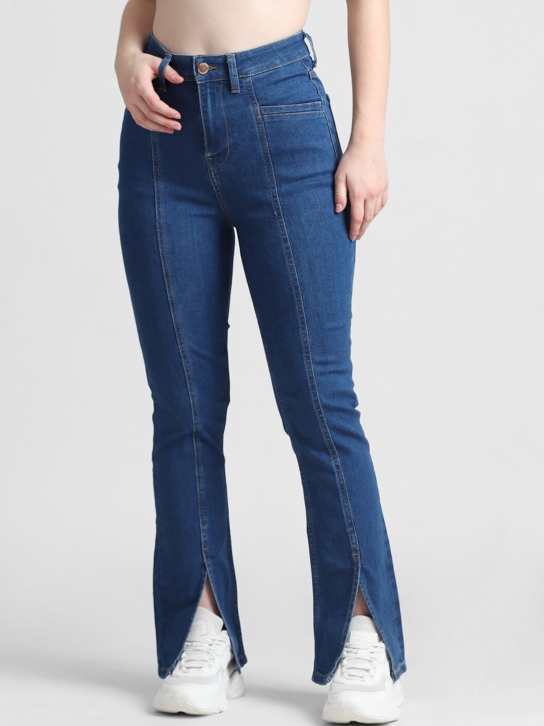 

ONLY Women Flared High-Rise Low Distress Light Fade Stretchable Jeans, Blue