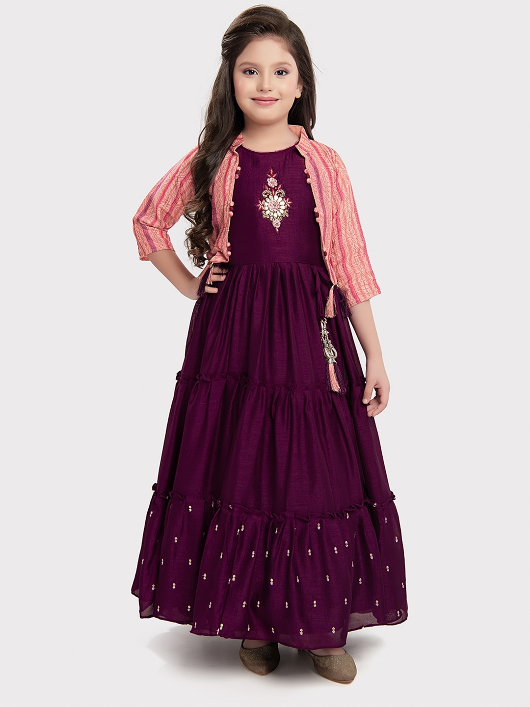 

Tiny Kingdom Embellished Tiered Maxi Dress With Jacket, Burgundy